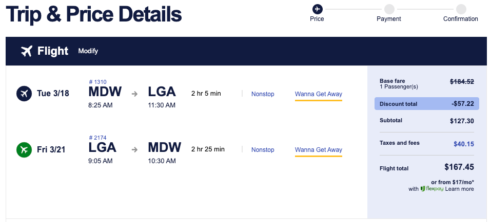 screenshot of Southwest sale fare